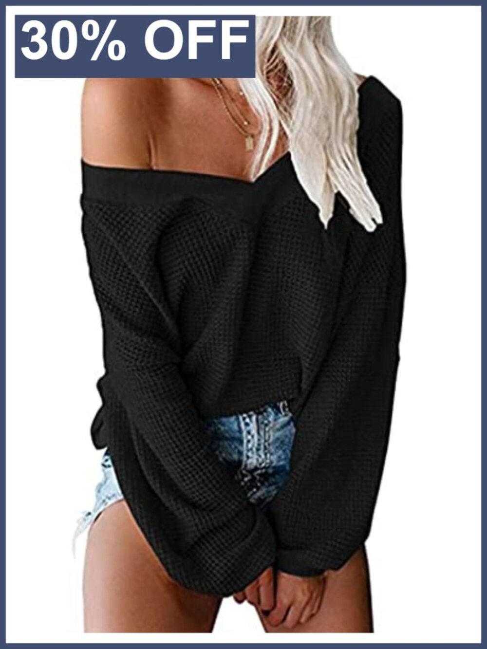 Waffle Knit Off Shoulder V Neck Long Sleeve Pullover Sweater